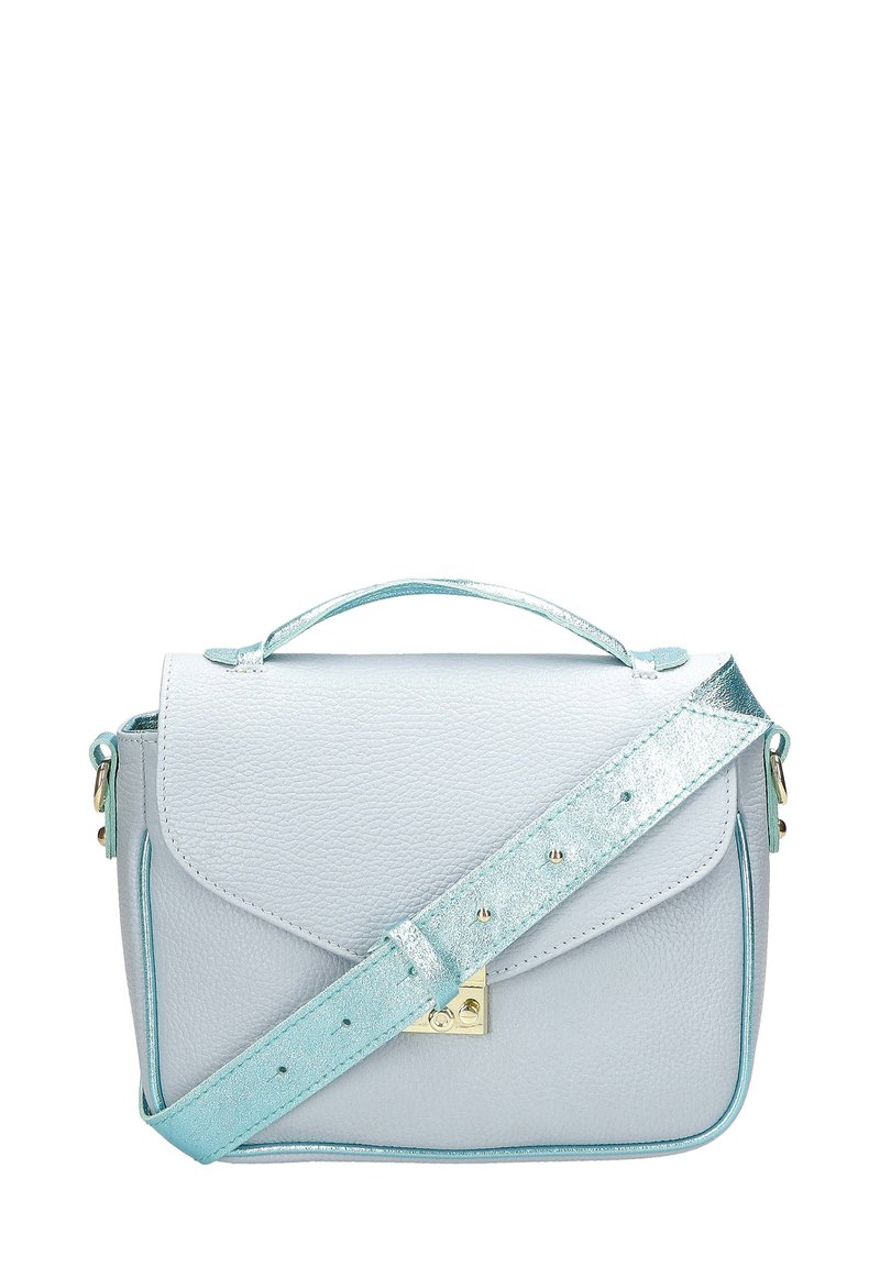 Borsa a mano in pelle grigia chiara con una forma strutturata, dettagli metallici turchesi, tracolla regolabile e chiusura in hardware dorato.