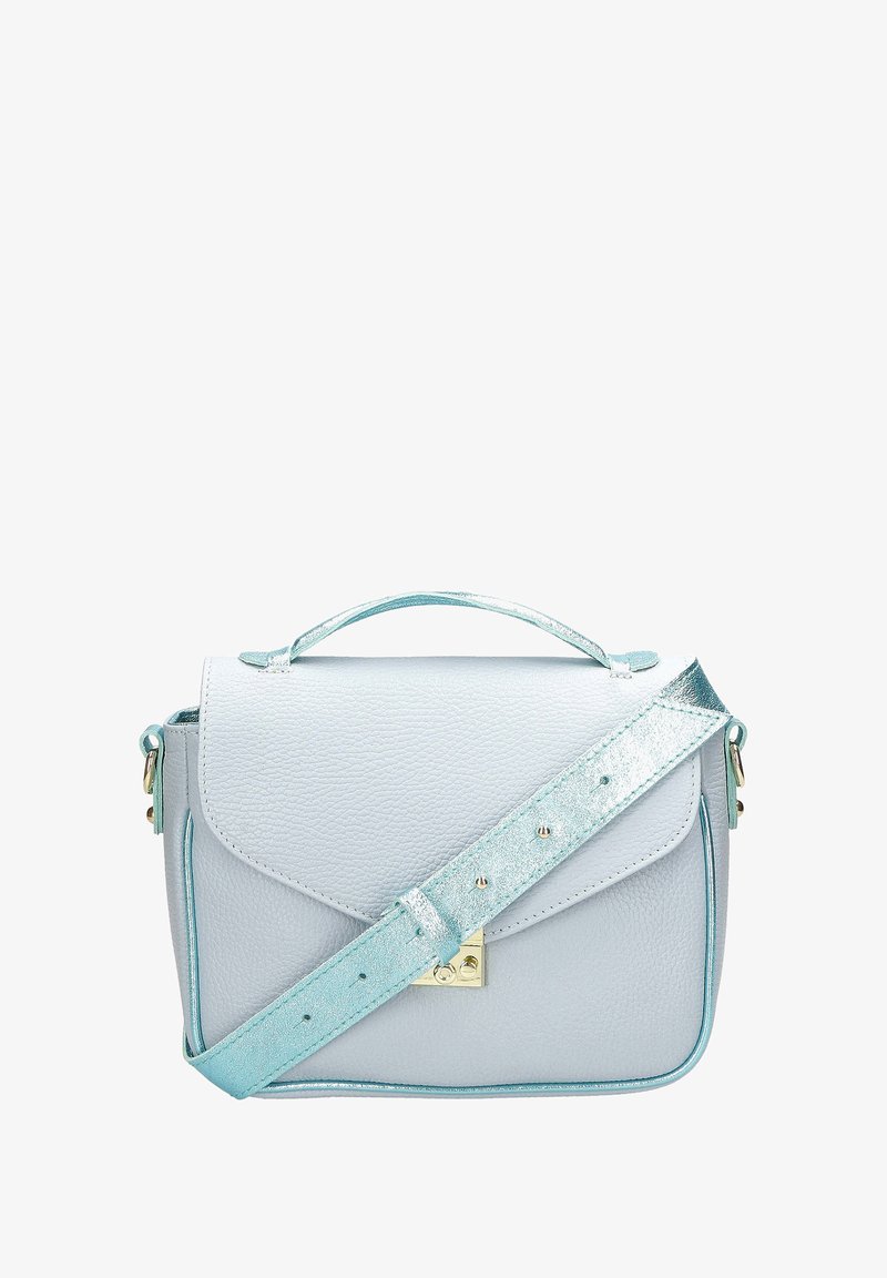 Borsa a mano in pelle grigia chiara con una forma strutturata, dettagli metallici turchesi, tracolla regolabile e chiusura in hardware dorato.
