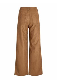 Pantalons palazzo en daim brun doux, avec une taille haute, des poches arrière et une texture lisse idéale pour le superposition.