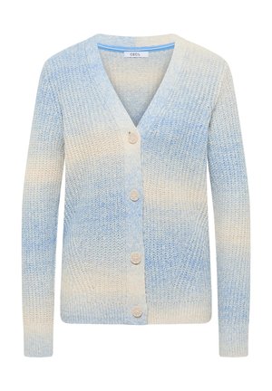 Kevyt neulottu neuletakki, jossa on sinisen ja kerman sävyjen liukuväri, v-pääntie ja viisi nappia edessä. Pehmeä koostumus ja pitkät hihat.