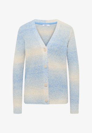 Lichtgewicht gebreid vest met een verloop van blauw naar crème, V-hals en vijf knopen aan de voorkant. Zachte textuur en lange mouwen.