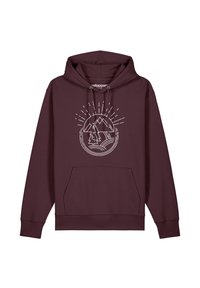 Bordeauxfarbener Hoodie mit einer Fronttasche und Kapuze mit Kordelzug. Enthält ein weißes Grafikdesign von Bergen und Bäumen. Aus weichem Baumwollmix-Material.