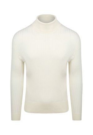 Cream-colored ribbed knit sweater with long sleeves and a high, folded turtleneck collar.
