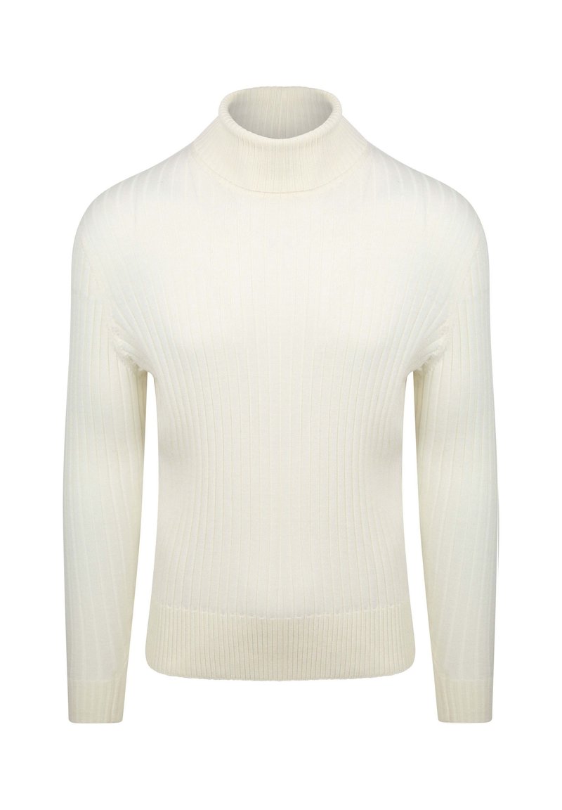 Crème-kleurige geribbelde gebreide trui met lange mouwen en een hoge, gevouwen col.