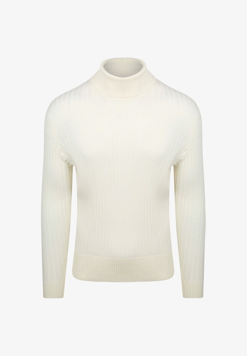 Crème-kleurige geribbelde gebreide trui met lange mouwen en een hoge, gevouwen col.
