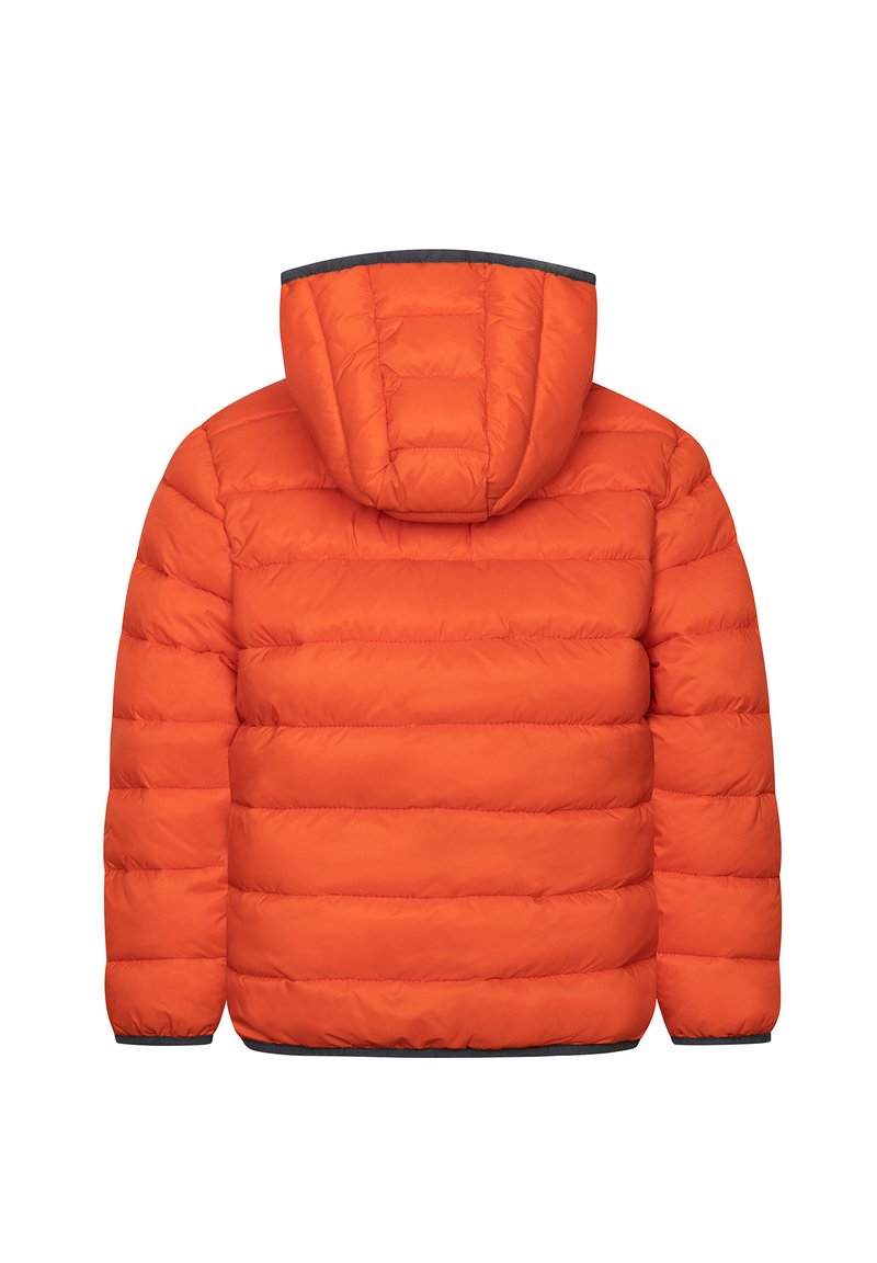 Orangenes Puffer-Jackett mit Kapuze. Verfügt über gesteppte Abschnitte und elastische Bündchen. Der Saum hat einen grauen Akzent. Weiches, leichtes Material.