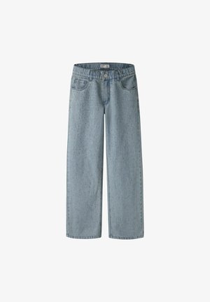 Lichtblauwe wijde jeans met voorzakken, riemlussen en een klein gestippeld patroon aan de voorkant.