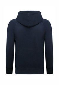 Navyblauwe hoodie met een kangoeroezak, ribgebreide manchetten en zoom. Gemaakt van zachte stof met een gladde textuur. Beschikt over een capuchon met trekkoord.