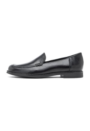 Mocassino slip-on nero in pelle con tacco basso, dettagli cuciti e punta arrotondata, mostrato di profilo su sfondo bianco.