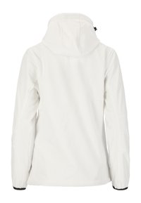Vit huva vattentät jacka med elastiska ärmslut, figursydd design, texturerat tyg och minimala sömmar. Har justerbar huva och fåll.