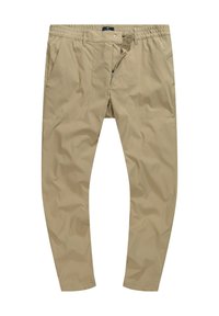 Pantalones cargo beige con cintura elástica, cierre de botón, bolsillos laterales y una textura de tela suave y liviana.
