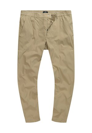 Pantaloni cargo beige con vita elasticizzata, chiusura a bottone, tasche laterali e una texture di tessuto liscia e leggera.