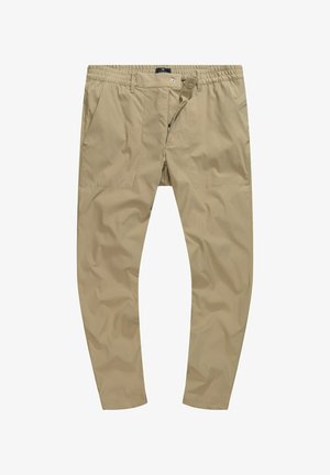 Pantaloni cargo beige con vita elasticizzata, chiusura a bottone, tasche laterali e una texture di tessuto liscia e leggera.