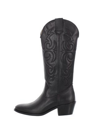 Schwarzer Leder-Cowboystiefel mit dekorativer Naht, mittlerer Schafthöhe, schrägem Absatz und Zuglasche am oberen Ende.