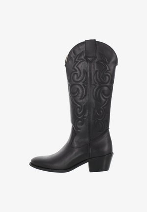 Schwarzer Leder-Cowboystiefel mit dekorativer Naht, mittlerer Schafthöhe, schrägem Absatz und Zuglasche am oberen Ende.