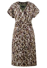 Wickelkleid mit Leopardenmuster in Erdtönen. Kurze Ärmel, V-Ausschnitt und mit einem Bindeband in der Taille. Zwei Vordertaschen. Glatte Textur.