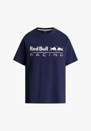 Tumesinine lühikeste varrukatega T-särk valge "Red Bull Racing" tekstiga ja kahe pulli logoga, mis on esiküljel keskel.