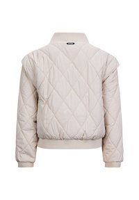 Gepolsterte Bomberjacke in hellem Beige, mit geripptem Kragen und Bündchen, einem strukturierten Rautenmuster und elastischem Taillenbund.