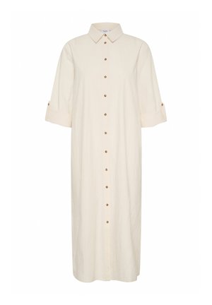 Krämfärgad midiklänning i ett lätt tyg. Har en krage, långa ärmar med uppvikta manschetter och bruna knappar fram.