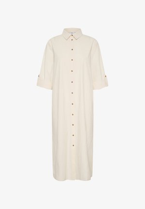 Kremkrāsas midi kleita vieglā audumā. Ar apkakles dekoltē, garām piedurknēm ar ruļļiem un brūniem pogām priekšpusē.