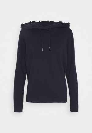 Felpa con cappuccio blu navy realizzata in tessuto morbido, dotata di cappuccio con coulisse, maniche lunghe e una vestibilità comoda con un design a tinta unita.