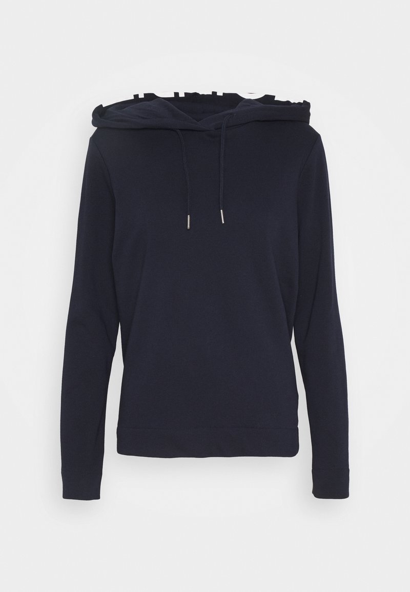 Felpa con cappuccio blu navy realizzata in tessuto morbido, dotata di cappuccio con coulisse, maniche lunghe e una vestibilità comoda con un design a tinta unita.