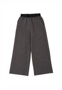 Szare spodnie w szerokim kroju z czarną elastyczną talią, z delikatnym wzorem w kropki i bocznymi kieszeniami.