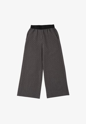 Graue weite Hosen mit einem schwarzen elastischen Bund, die ein dezentes gepunktetes Muster und Seitentaschen aufweisen.