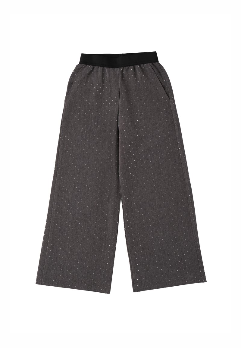 Szare spodnie w szerokim kroju z czarną elastyczną talią, z delikatnym wzorem w kropki i bocznymi kieszeniami.