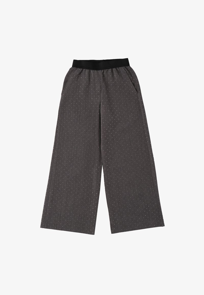Szare spodnie w szerokim kroju z czarną elastyczną talią, z delikatnym wzorem w kropki i bocznymi kieszeniami.