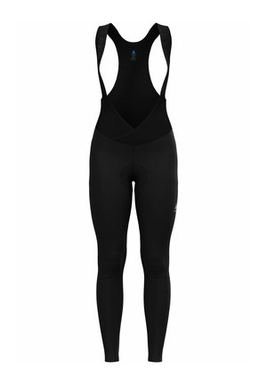 Svarta cykelbyxor med axelremmar, med vadderad sits, strömlinjeformad passform och slätt elastiskt material för komfort och stöd.