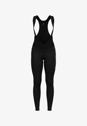 Svarta cykelbyxor med axelremmar, med vadderad sits, strömlinjeformad passform och slätt elastiskt material för komfort och stöd.