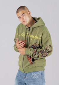 Ed Hardy DOUBLE  HOODY  - Mikina na zip - mosstone