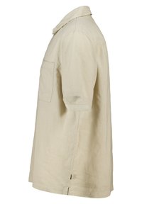 Beige Kurzarmhemd aus leichtem Stoff, mit einem Kragen und einer Brusttasche. Gerader Schnitt mit seitlichen Schlitzen.