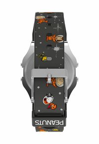 Il cinturino dell'orologio in silicone nero presenta design di astronauta in cartone animato in arancione e giallo, con accenti grigi e una fibbia in metallo color argento.