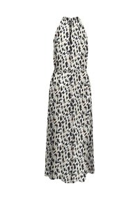 Hihaton maksimekko kevyestä kankaasta, jossa on beige tausta ja laivastonsinisiä sekä mustia eläinkuvioita. Mekossa on rento malli vyötäröllä.