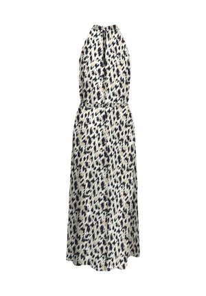 Maxi šaty bez rukávů z lehkého materiálu, s béžovým pozadím a námořnickými a černými zvířecími potisky, a uvolněným střihem v pase.