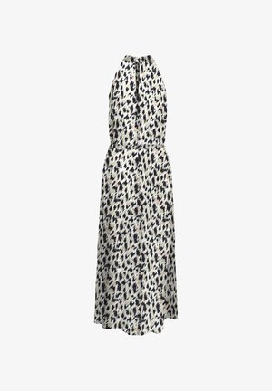 Robe maxi sans manches en tissu léger, avec un fond beige orné de motifs animaliers navy et noir, et une coupe décontractée à la taille.