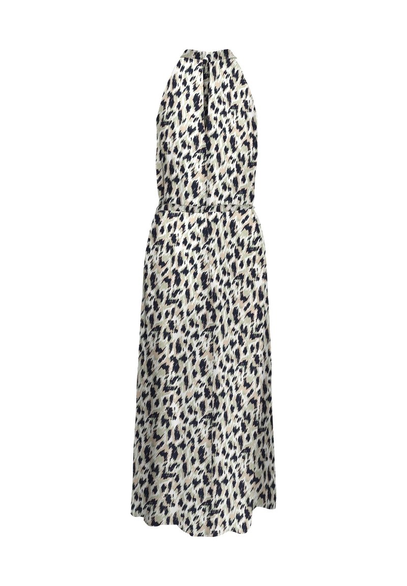 Hihaton maksimekko kevyestä kankaasta, jossa on beige tausta ja laivastonsinisiä sekä mustia eläinkuvioita. Mekossa on rento malli vyötäröllä.