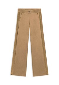 Pantaloni a gamba larga in tessuto marrone chiaro con una trama liscia. Presentano tasche frontali e un accento decorativo in vita.