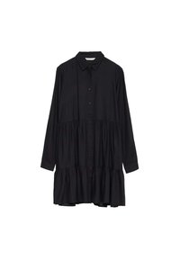 Svart klänning med lång ärm, knappstängning framtill, krage och flerskiktad volangdesign. Tillverkad av mjukt tyg och har en avslappnad passform.