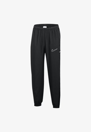 Schwarze Sporthose aus leichtem Stoff, mit einem elastischen Bund, gerippten Knöcheln und einem weißen Nike-Logo an der Seite.