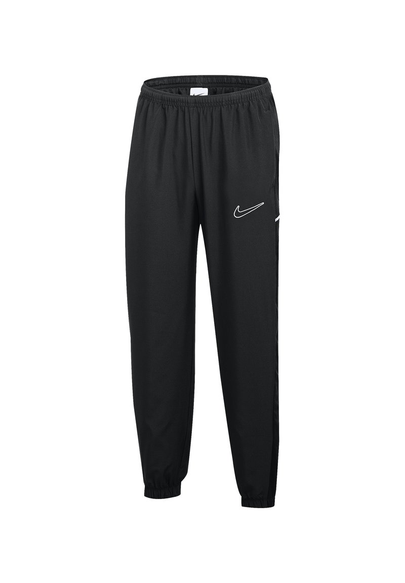 Pantalons de sport noirs en tissu léger, avec une taille élastique, des chevilles resserrées et un logo Nike blanc sur le côté.