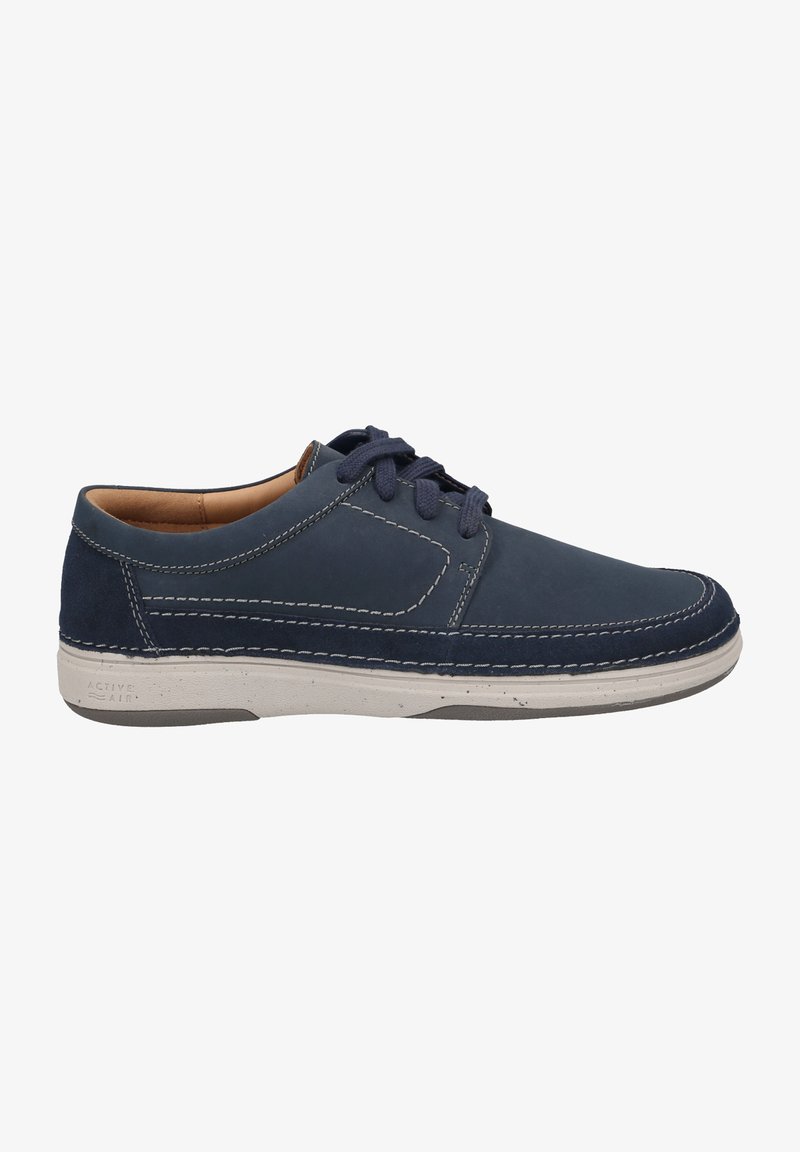 Navy leather lace-up shoes with white contrast stitching, rounded toe, and textured upper. The sole is beige with a grey accent.