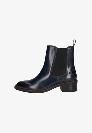 Dunkelblaue Leder-Chelsea-Stiefel mit schwarzen elastischen Seitenpaneelen, niedrigem Blockabsatz, Zuglasche und braunen genähten Wellen.