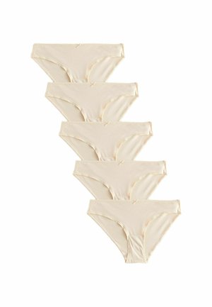 Beige katoenen slips in een verpakking van zes, met een gladde textuur, kantafwerking en kleine strikaccenten op de taillebanden.