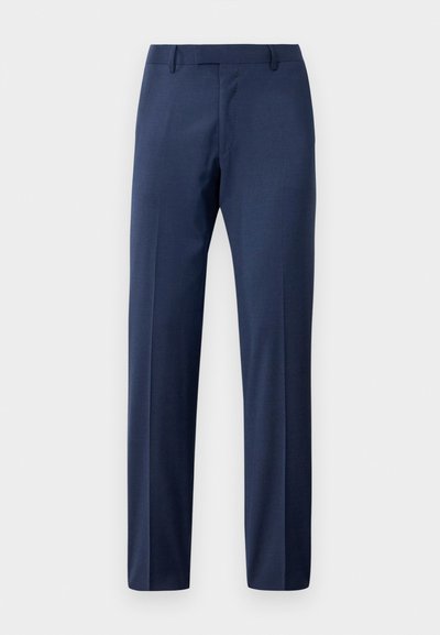 Herre navyblå skreddersydde dressbukser med beltehemper og glidelås foran, vist mot en hvit bakgrunn.