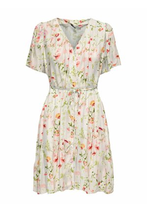 Biele krátke šaty s ružovým a žltým kvetinovým vzorom, výstrihom do V, so zapínaním na gombíky vpredu a tenkým opaskom v páse.