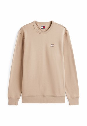 Felpa beige con maniche lunghe, polsini e orlo a coste, scollatura rotonda, con una piccola etichetta del logo sul lato sinistro del petto. Texture liscia.