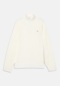 Λευκό πλεκτό μπλουζάκι με μακριά μανίκια, φερμουάρ ¼ και μικρό καφέ λογότυπο στο αριστερό στήθος, εμφανίζεται σε απλό φωτεινό φόντο.